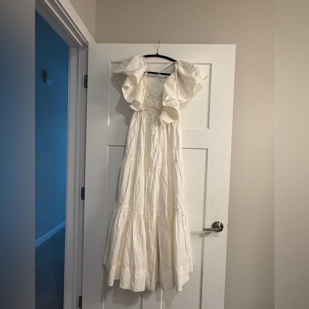New La Ligne Stella Ruffle Shoulder Open back Linen Blend Midi Dress - Picture 14 of 14